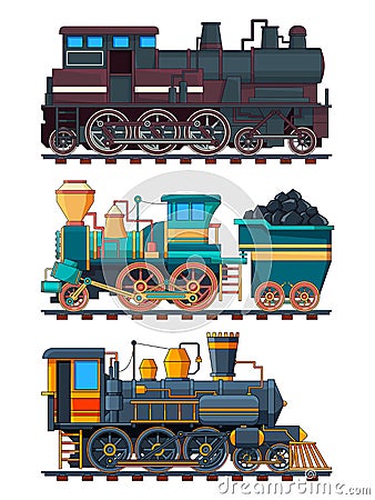 Colored cartoon pictures of retro trains Vector Illustration