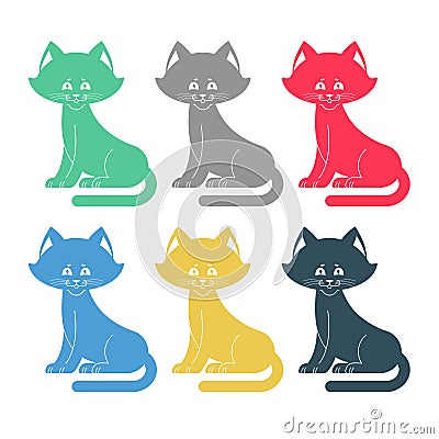 Colored cats set icon. Multicolored pet collection. Vector Illustration