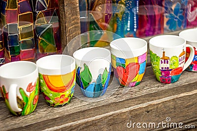 Colored ceramic mugs Stock Photo