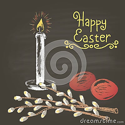 Colored chalk drawn illustration for Easter with eggs, willow branch, candle and golden text. Card design. Happy Easter theme. Vector Illustration