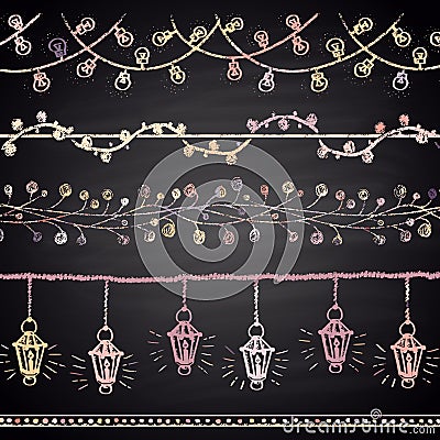 Colored chalk drawn set of Christmas brushes. Lights, garlands. Vector Illustration
