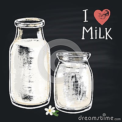Colored chalk painted illustration milk bottle. The phrase chalk: I love milk. Vector Illustration