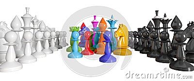 Colored chess. Colored chess in the colors of the rainbow or the LGBT community stands between rows of white and black pieces Cartoon Illustration