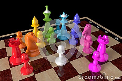 Colored chess. Colored chess in the colors of the rainbow or the LGBT community surrounded a white pawn Cartoon Illustration