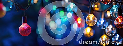 Colored Christmas lights. Bright neon Christmas garlands, close-up. Christmas Outdoor Vintage String Lights with Multicolor Bulbs Stock Photo