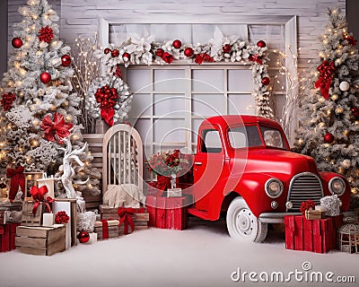 Colored Christmas red tematic truck christmas anniversary backdrop. Cartoon Illustration