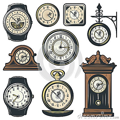 Colored Classic Watches Collection Vector Illustration