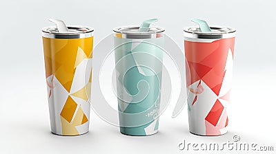 Colored coffee tumbler mockups, white background Stock Photo