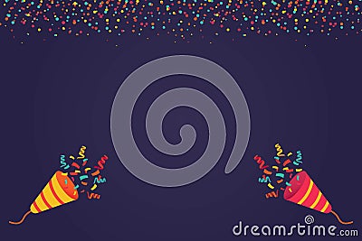 Colored confetti and firecrackers party popper, Vector festive birthday festival banner template, Festive decorations Vector Illustration