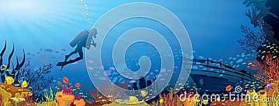 Colored coral reef with fish and diver Stock Photo