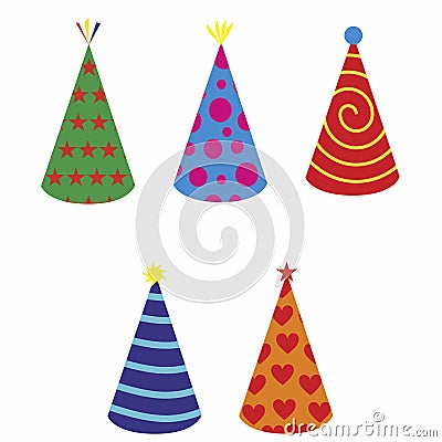 Colored an decorated birthday bonnets on a white background Vector Illustration