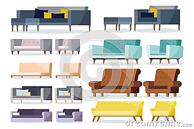 Colored different shape soft and leather sofa and armchairs with cushion icon set Vector Illustration