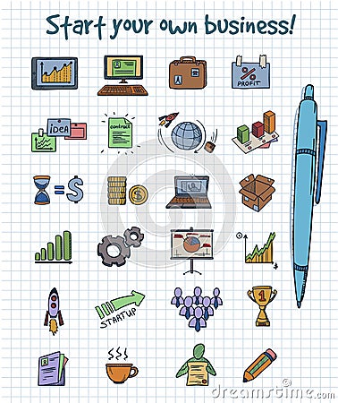 Colored Doodle Business Start Elements Concept Vector Illustration