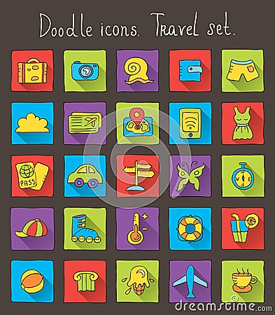 Colored doodle icons with shadow. Travel set Vector Illustration