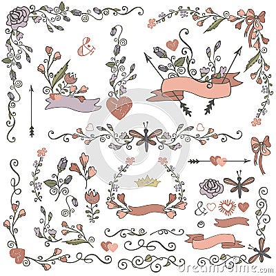 Colored Doodles borders,frames,wreath set.Floral Vector Illustration