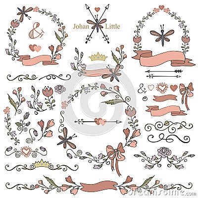 Colored Doodles borders,frames,wreath set,floral Vector Illustration