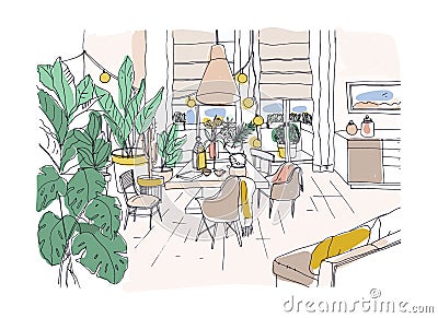 Colored drawing of cozy dining or living room furnished in modern Scandic hygge style with table, chairs, couch. Lounge Vector Illustration