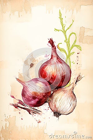 Colored drawing on paper of some purple onions Stock Photo