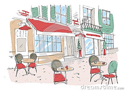 Colored drawing of summer sidewalk cafe, coffeehouse or restaurant with tables and chairs standing on city street beside Vector Illustration