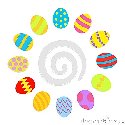 Colored Easter egg set round frame on white background template Card Flat design Vector Illustration