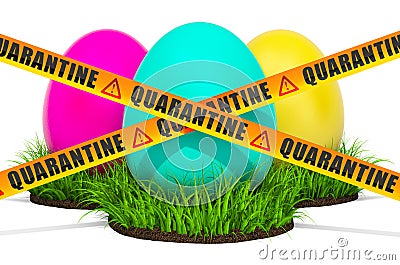 Colored Easter Eggs with caution barrier tapes. Easter quarantine concept. 3D rendering Stock Photo