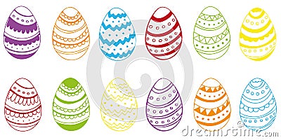 Colored Easter Eggs. Set of hand drvector illustrations of eggs with different ornament with bunny ears. Cartoon Illustration