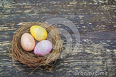 Colored eggs in nest on wooden background. Easter, Spring holidays Stock Photo