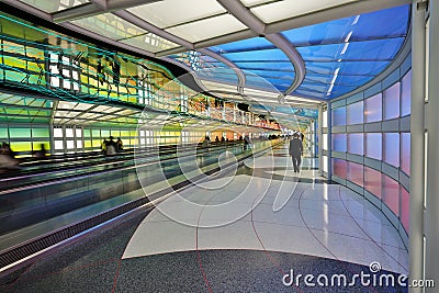 The colored electric neon tunnel The Sky Is the Limit at Chicago O`Hare International Airport ORD Editorial Stock Photo
