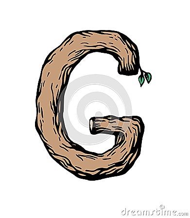 Colored engraving Letter G made of wood with leaves on the white background Vector Illustration