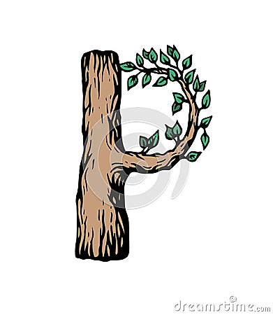 Colored engraving Letter P made of wood with leaves on the white background Vector Illustration