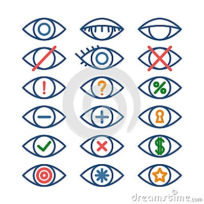 Colored eye icons for different actions, set of outline eye pictograms, vector operation icons Vector Illustration