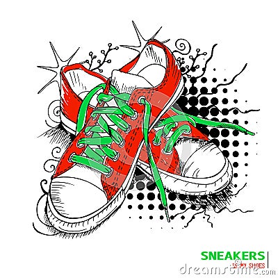 Colored fashion sneakers with title 'Sneakers is my shoes' Vector Illustration