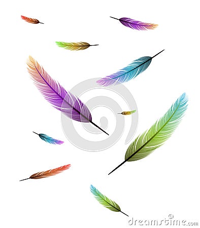 Colored feathers falling background Stock Photo