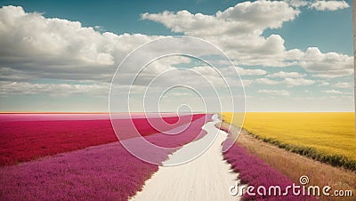 Colored fields separated by a white trail. Generative AI Stock Photo