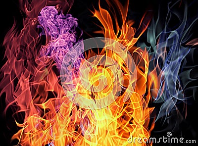 colored fire flames raising up on a black background ice and fire Stock Photo