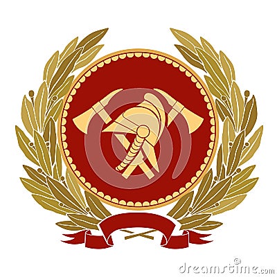 Colored Fire Heraldry. Fire helmet, olive branches, axes, ribbon Vector Illustration