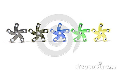 Colored five hand fidget spinner, 3d render Stock Photo