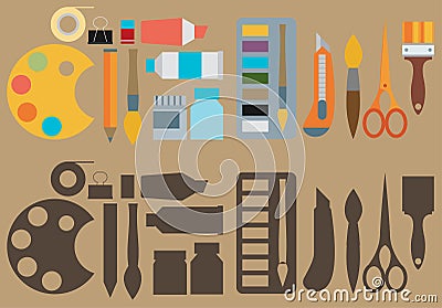 Colored flat design vector illustration icons set of art supplies, art instruments for painting, drawing, sketching isolated on b Vector Illustration