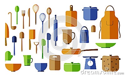 Various cups, cutlery, pans, bowls, plates. Vector Illustration
