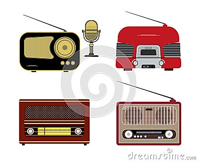 Various retro radio receivers and microphone. Vector Illustration