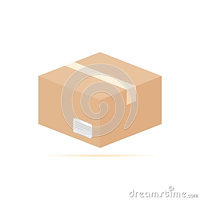 Colored flat icon, vector design with shadow. Cardboard box with label and Scotch tape Vector Illustration