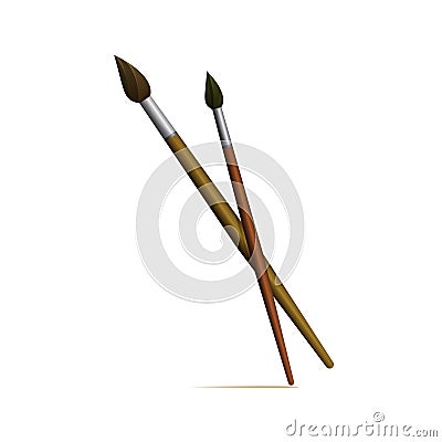 Colored flat icon, vector design with shadow. Two crossed paintbrushes. Wooden artist`s brushes Vector Illustration