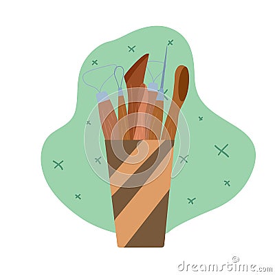 Colored flat illustration of tools for pottery and sculpting on abstract background. Hobbies and workshop. Vector cartoon element Vector Illustration