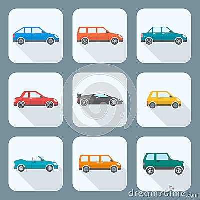Colored flat style various body types of cars icons collection Vector Illustration