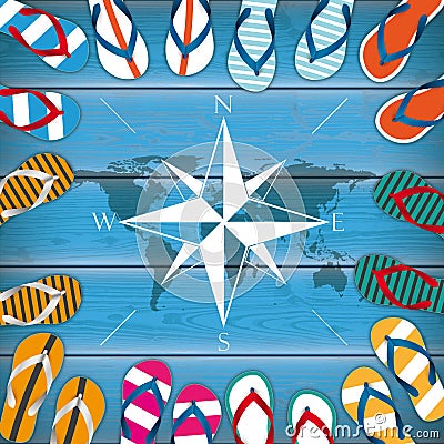 Colored Flip-Flops Wooden Background Centre Compass Vector Illustration