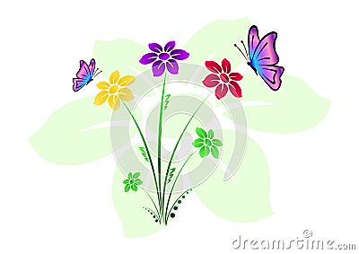 Colored floral background with flowers and butterflies Vector Illustration