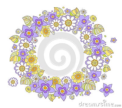 Colored flowers round congratulation frame, stylized drawing. Vector template Vector Illustration