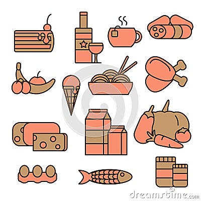 Colored food icons set. Stock vector. Isolated on white background.Meat, cake, fruits, vegetables, drinks,cheese. Vector Illustration