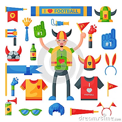 Colored football soccer fan attribute rooter buff man sport character accessories tools to cheer for your favorite team Vector Illustration