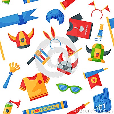 Colored football soccer fan attribute rooter buff man sport character accessories tools to cheer for your favorite team Vector Illustration